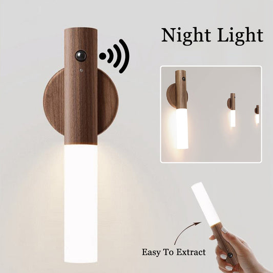 Luz nocturna inalámbrica con sensor de movimiento PIR, luz de pared para gabinete, luz LED automática USB magnética de madera para pasillos y porches